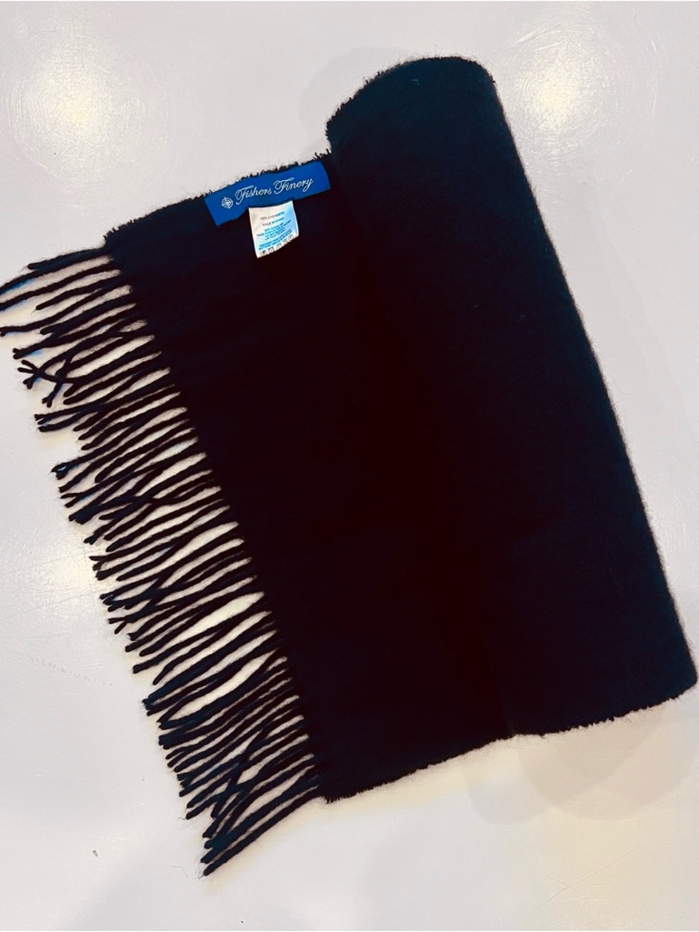 Black Pure Cashmere Solid Rectangle Fringe Scarf Fishers Finery EUC Luxury